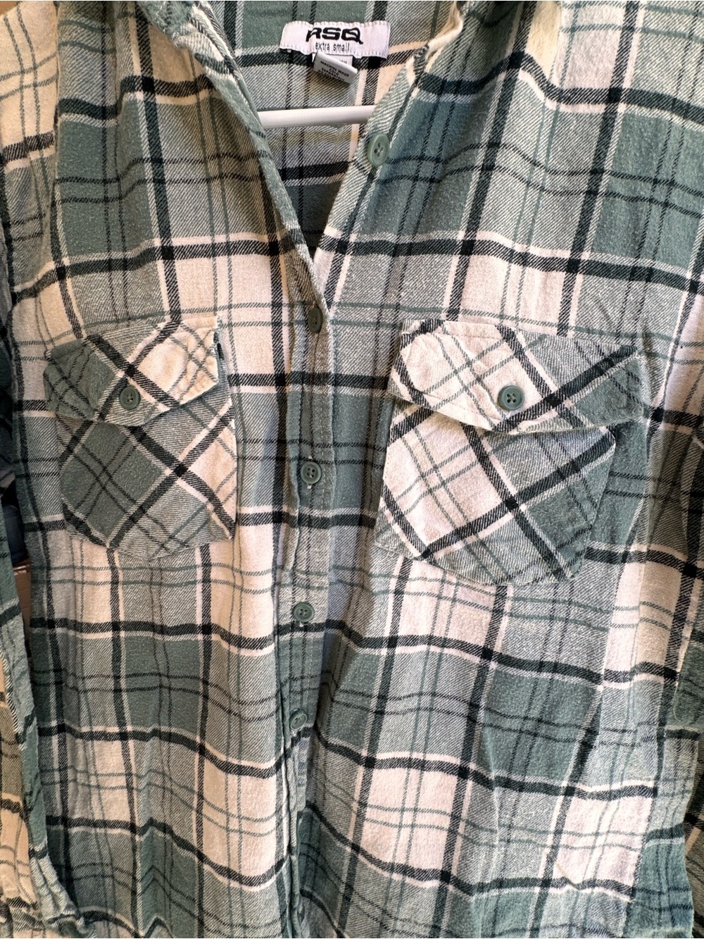 RSQ Green Plaid Flannel Button-Down Shirt – Women’s Size XS (100% Cotton)